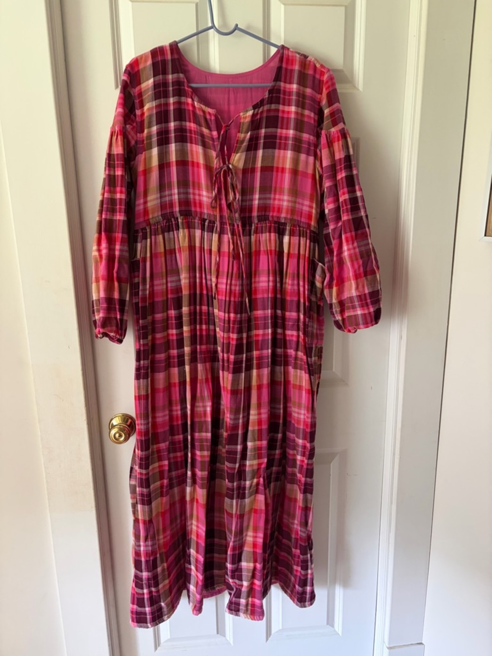 Pink Plaid Women’s Tie-Front Maxi Dress